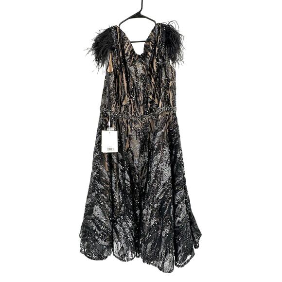 Mac Duggal 79339 Black Embellished Feather Cap Sleeve Midi Dress Size 18 New - Picture 9 of 9